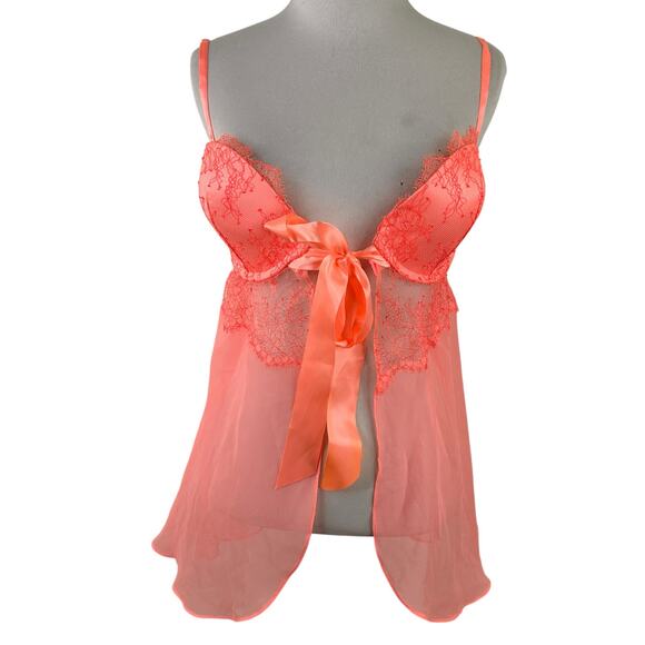 Victoria's Secret Other - Victoria's Secret Florescent Peach Tie Lace Babydoll Nightie Bra Size 34D